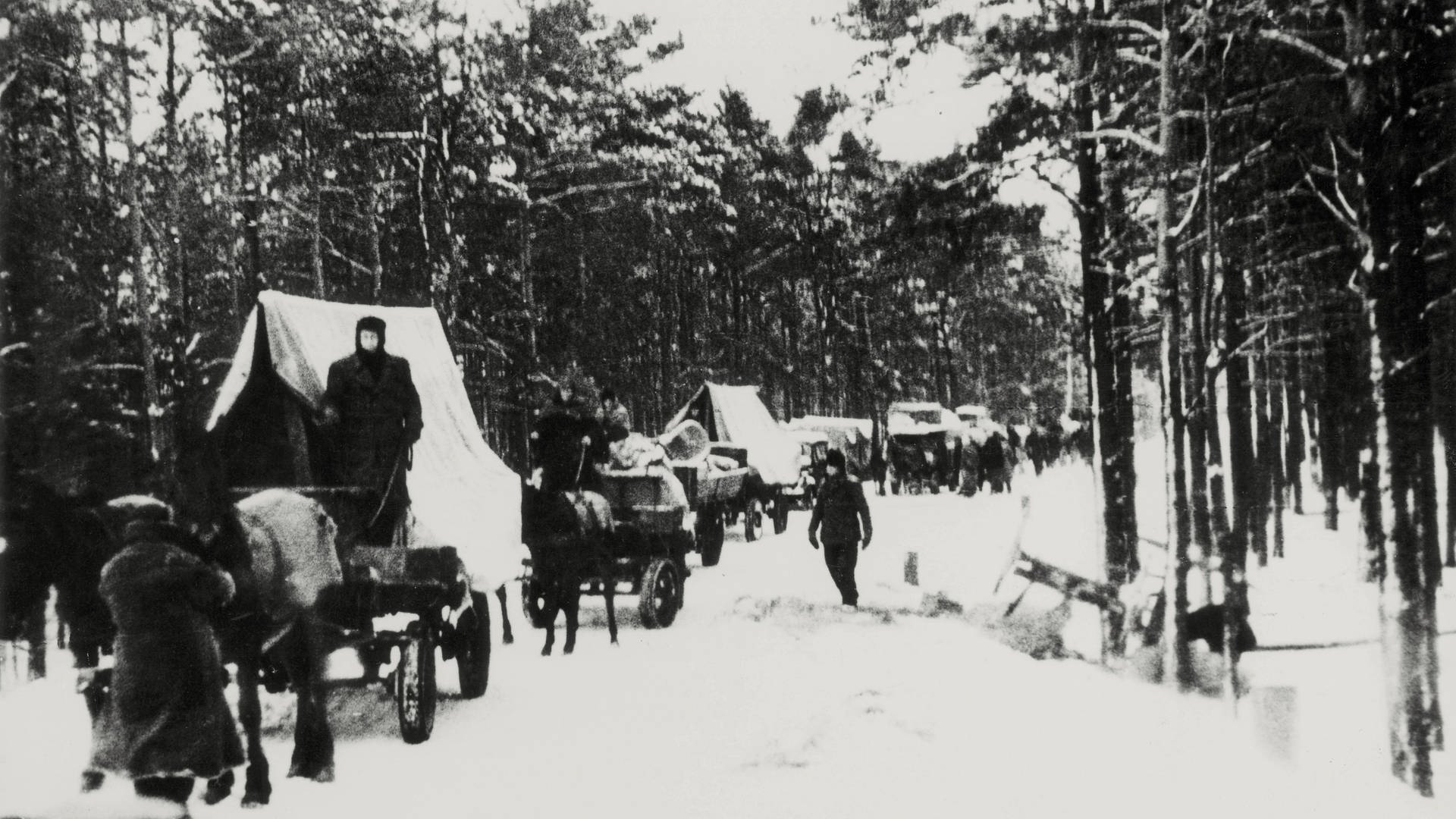 Während des Zweiten Weltkriegs flüchten Menschen im Schnee mit Kutschen. 