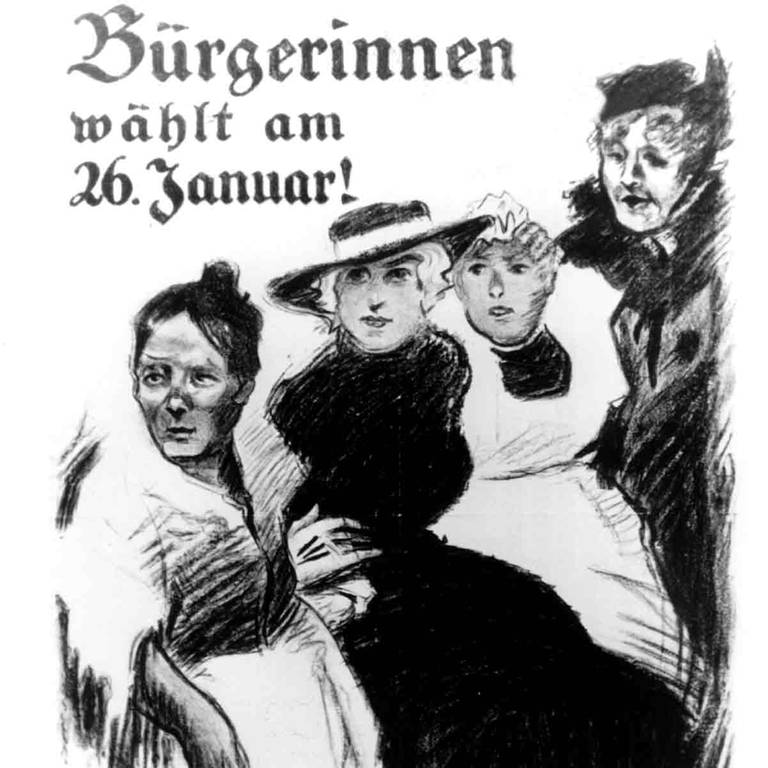 Das Plakat der Deutschen Demokratischen Partei für die Wahlen zur Preußischen Landesversammlung am 26. Januar 1919 fordert die Bürgerinnen auf, zur Wahl zu gehen.