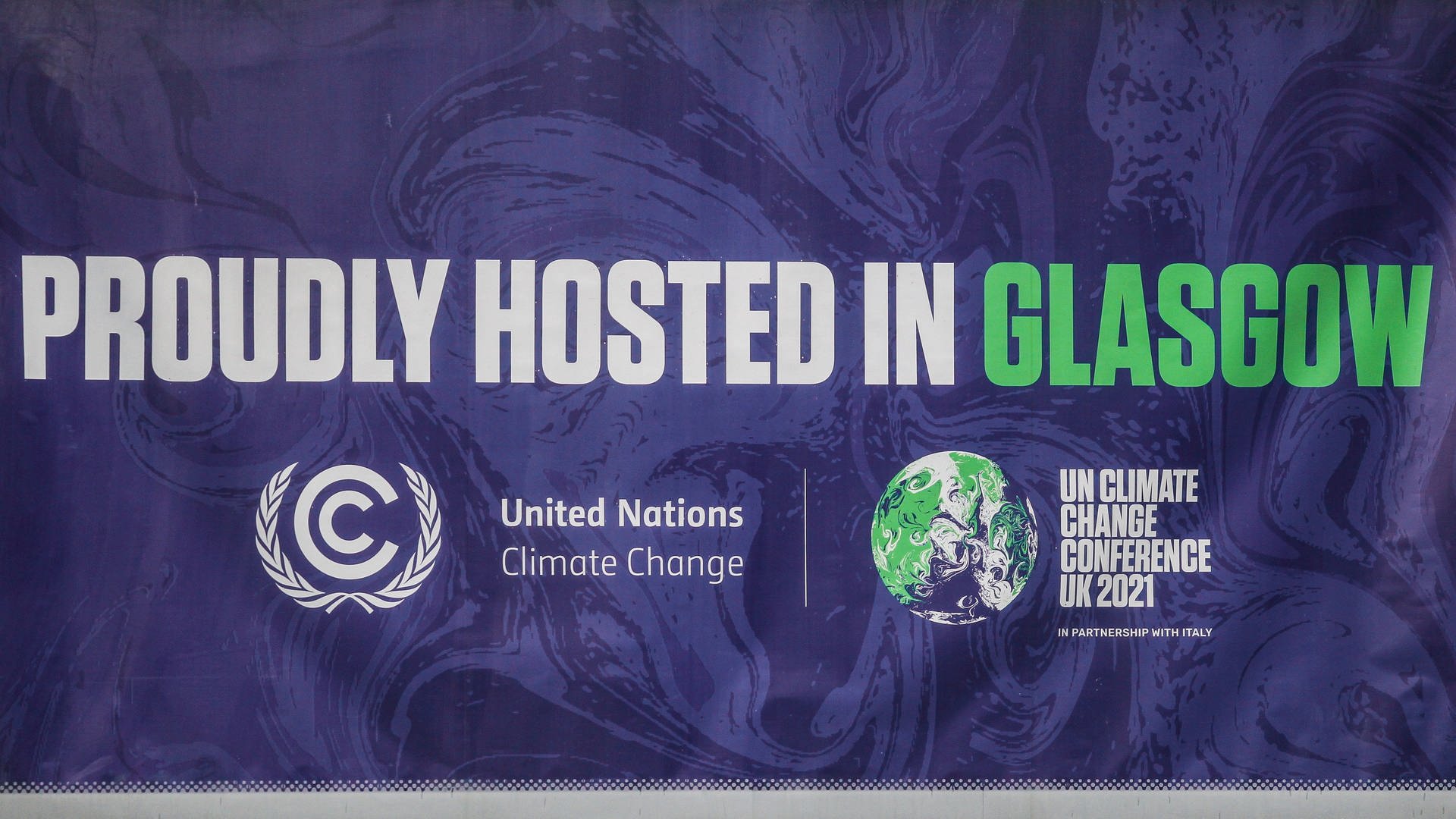 A COP26 branded billboard near the Scottish Event Campus on September 1, 2021 in Glasgow, Scotland.