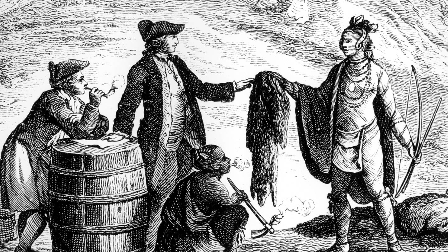 historische Darstellung des Handels zwischen weißen Siedlern und den amerikanischen Ureinwohnern