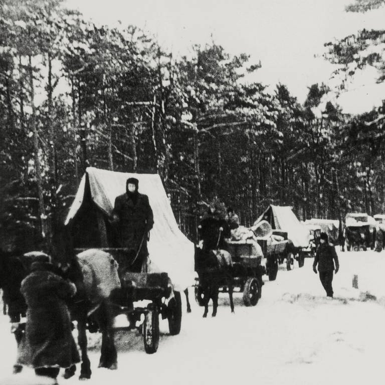 Während des Zweiten Weltkriegs flüchten Menschen im Schnee mit Kutschen.  (Foto: picture-alliance / Reportdienste, akg-images)