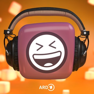 Lachender Smiley auf lila Würfel, der Kopfhörer trägt. Hintergrund orange