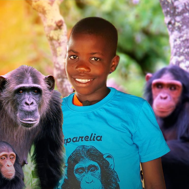 Ein Junge mit zwei Schimpansen (Foto: SWR)
