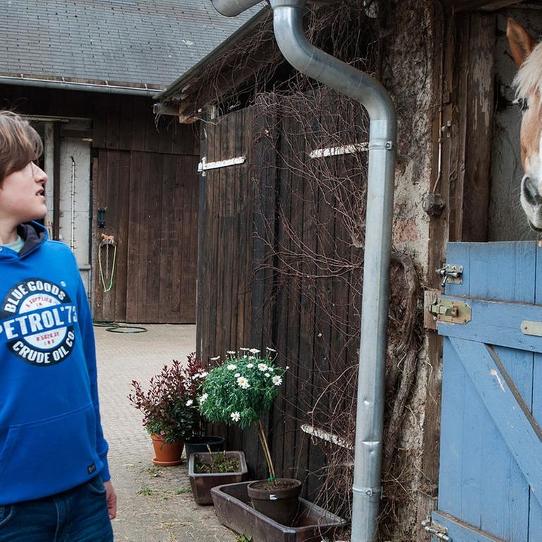 Jan erschrickt vor einem Pferd