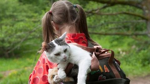 Mädchen bei "Tiere bis unters Dach" mit einer Katze in einem Rucksack (Foto: SWR, Maria Wiesler)