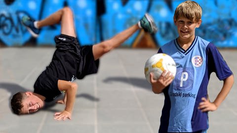 Jalil macht auf dem Boden eine Capoeira-Figur, Luka steht im Trikot daneben und hält einen Fußball in der Hand (Foto: SWR)