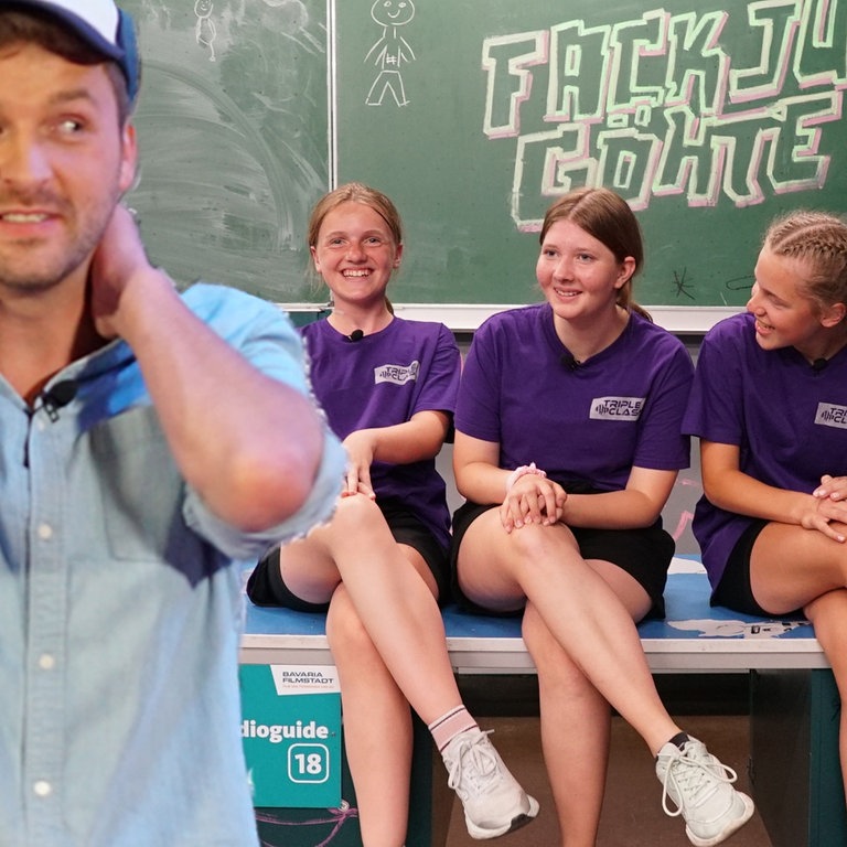 Fee, Jule, Svenja gegen Johannes in der Bavaria Filmstadt (Foto: SWR)