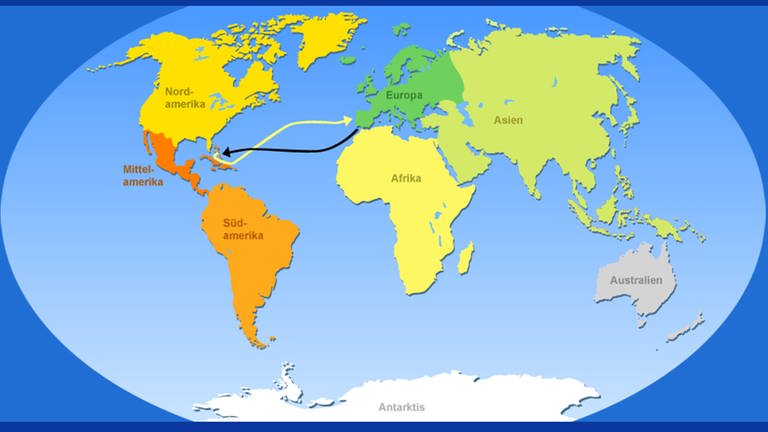 Christoph Kolumbus Reiseweg auf einer Weltkarte (Foto: SWR)
