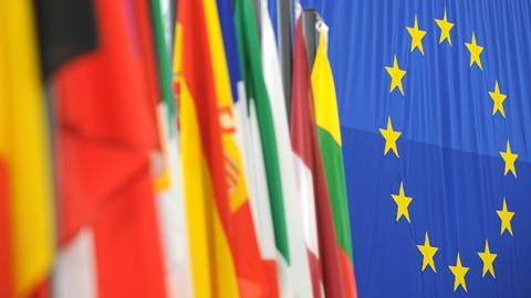 Die Flaggen der EU-Mitgliedsstaaten und im Hintergrung eine EU-Flagge (Foto: picture-alliance / Reportdienste, Picture Alliance)