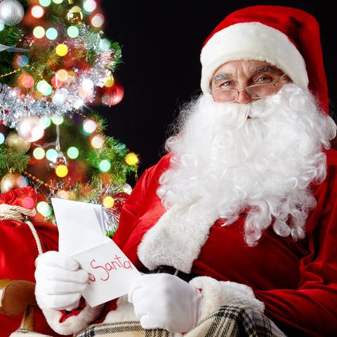 Der Weihnachtsmann vor einem Weihnachtsbaum mit einem Sack Geschenke und einer Weihnachtskarte (Foto: Colourbox)