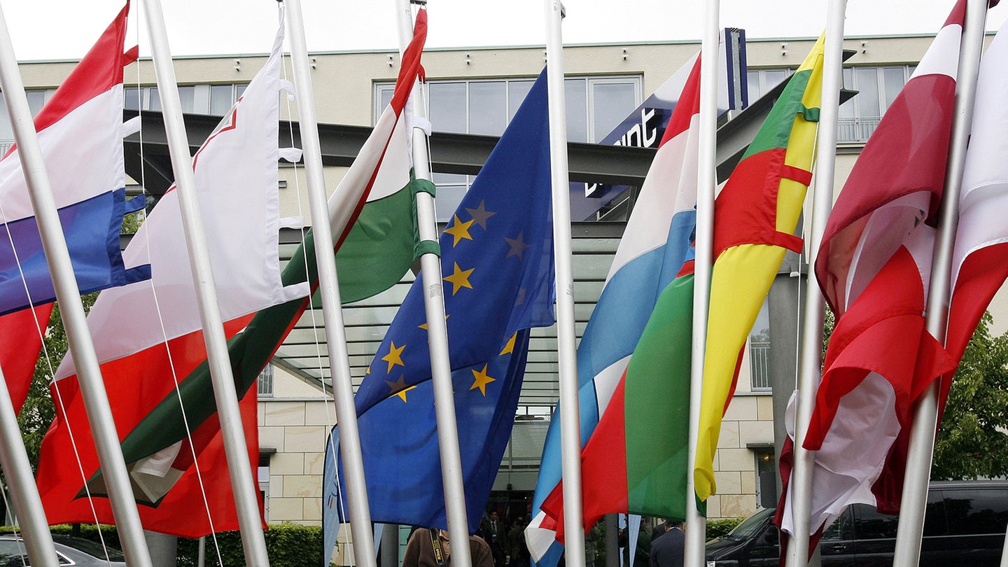 Foto: dpa Bildfunk, Foto: Bernd Settnik dpa/lbn Flaggen der EU-Mitgliedsstaaten und eine Europa-Flagge (Foto: dpa Bildfunk, Foto: Bernd Settnik dpa/lbn)