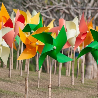 Bunte Windrädchen auf einer Wiese