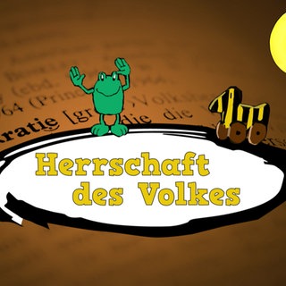 Im Hintergrund ist die Lexikonseite Stichwort Demokratie zu sehen, darauf eine Sprechblase mit Text "Herrschaft des Volkes" und auf der Günter Kastenfrosch und die Tigerente als gezeichnete Figuren stehen. 