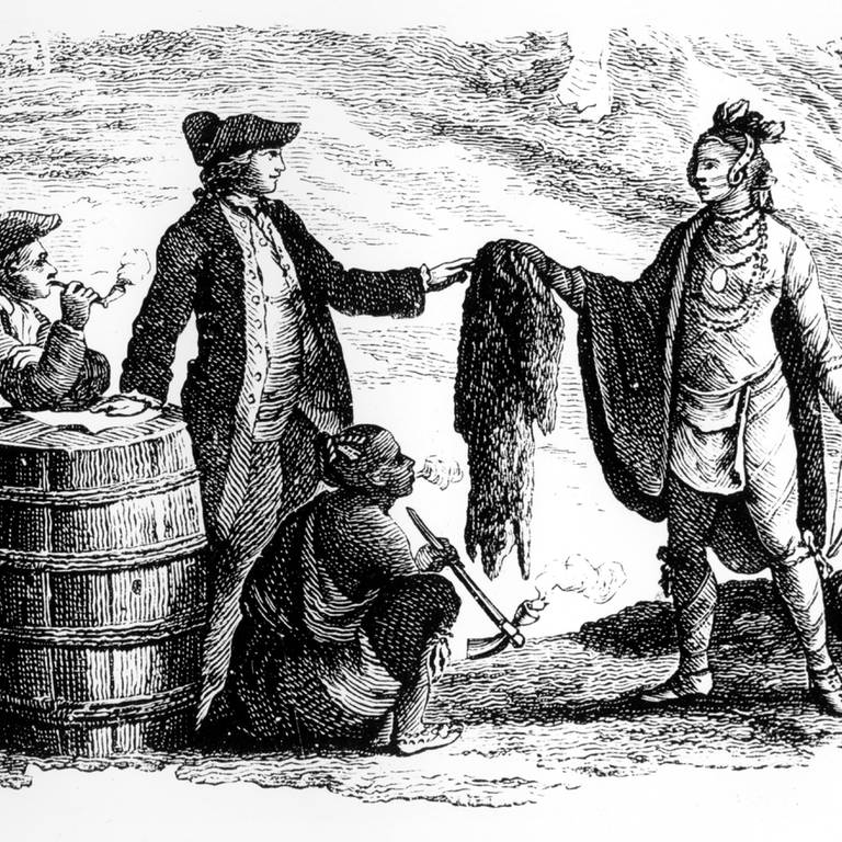 historische Darstellung des Handels zwischen weißen Siedlern und den amerikanischen Ureinwohnern